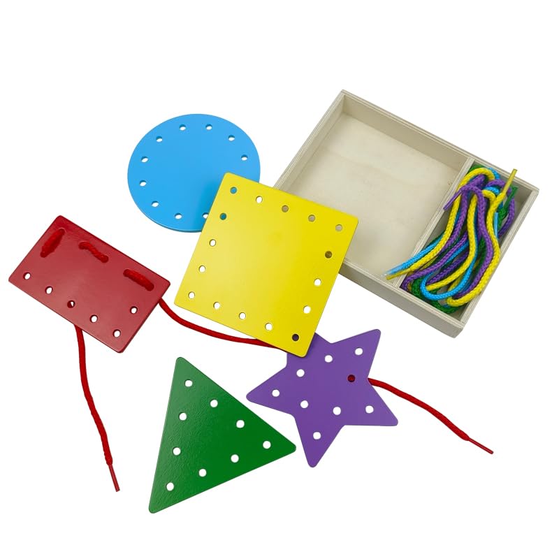 OLYDAUS 5-Piece Wooden Shape Lacing Cards for Toddlers