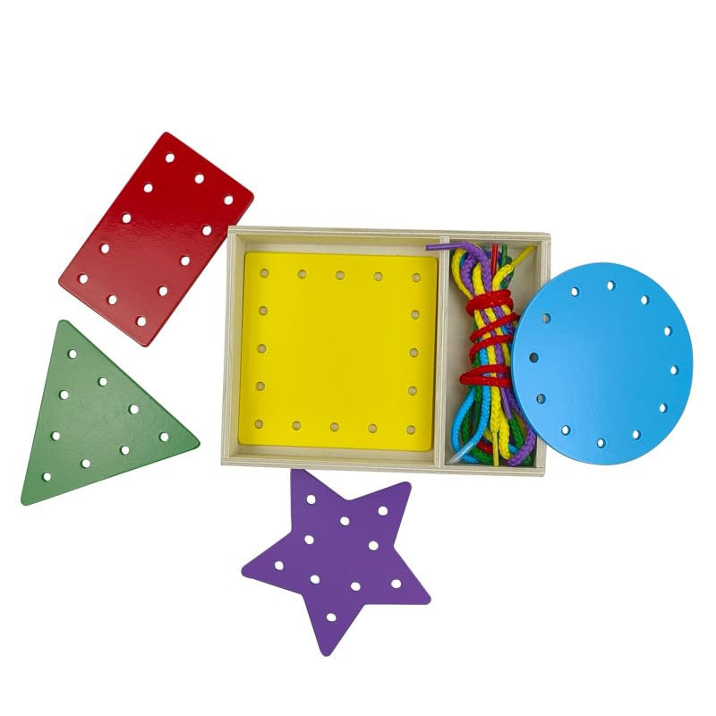 OLYDAUS 5-Piece Wooden Shape Lacing Cards for Toddlers