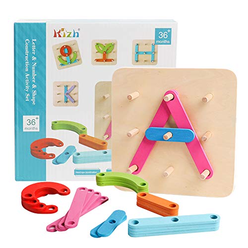 kizh Wooden Letter and Number Construction Activity Set Educational Preschool Toys Shape Color Recognition Pegboard Sorter Set Board Blocks Stack Sort for Toddler Kids Boys Girls Toy
