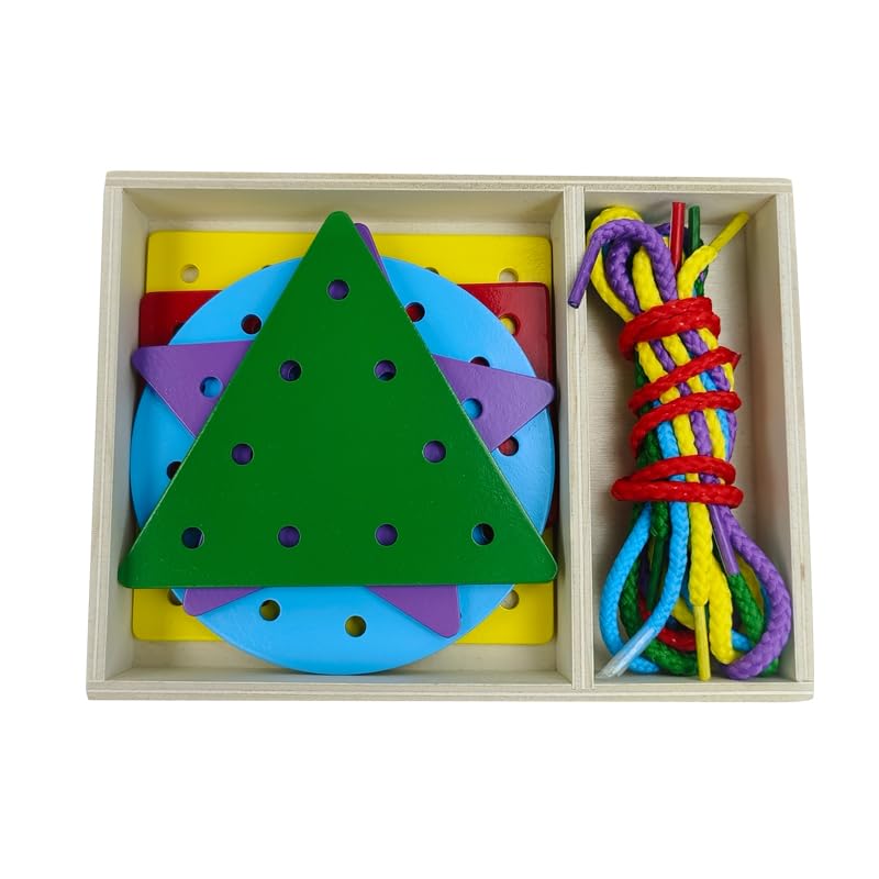 OLYDAUS 5-Piece Wooden Shape Lacing Cards for Toddlers