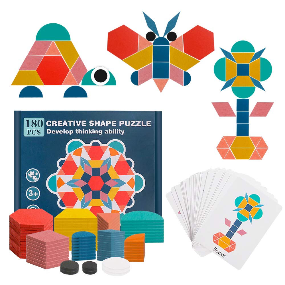 USATDD 180-Piece Wooden Tangram Set with Flash Cards