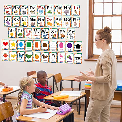 D-FantiX 58 Pieces Alphabet and Number Bulletin Board Set, Manuscript Educational Preschool Cards, Early Learning Alphabet Number Colors Shapes Posters for Kids Kindergarten Classroom Wall Decorations