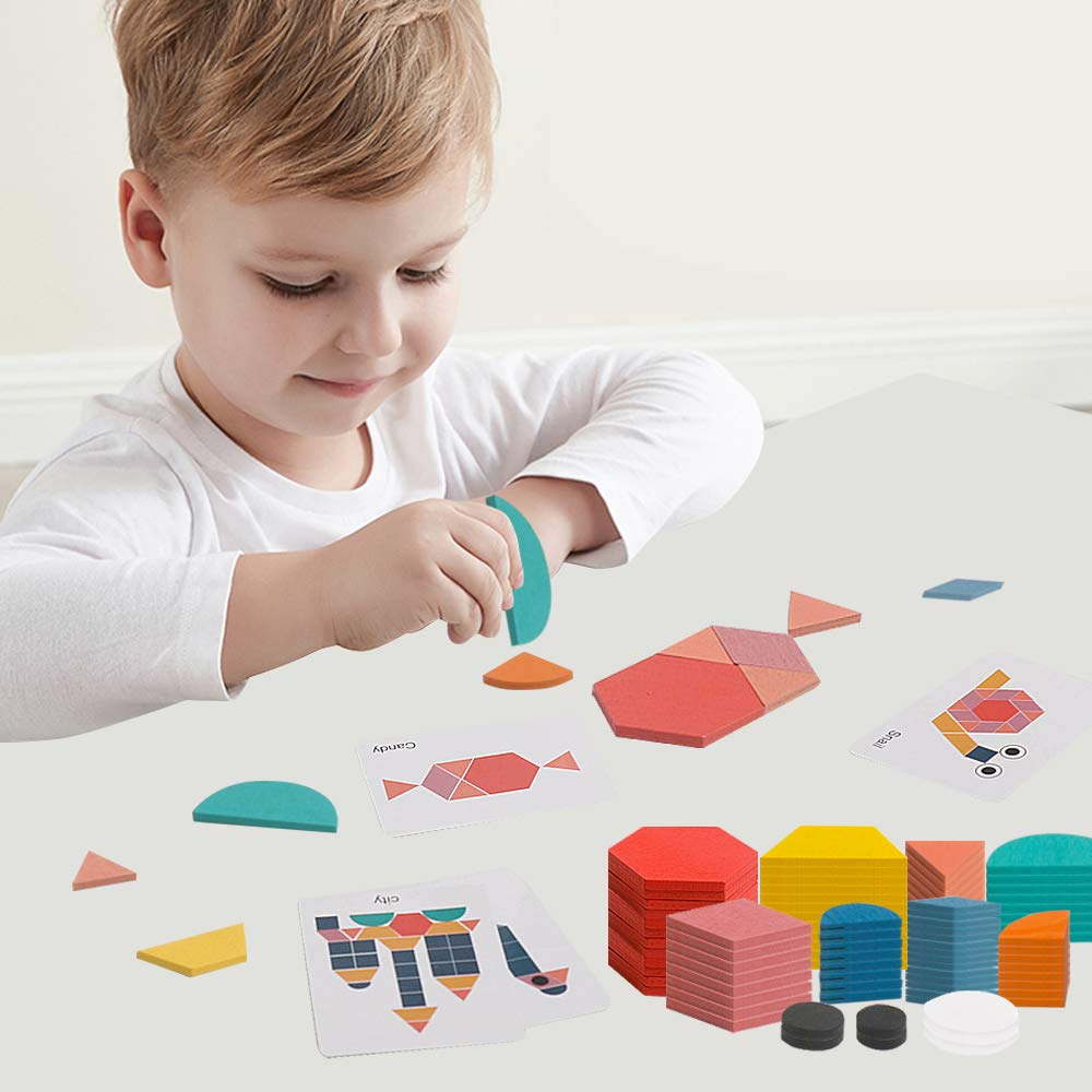 USATDD 180-Piece Wooden Tangram Set with Flash Cards