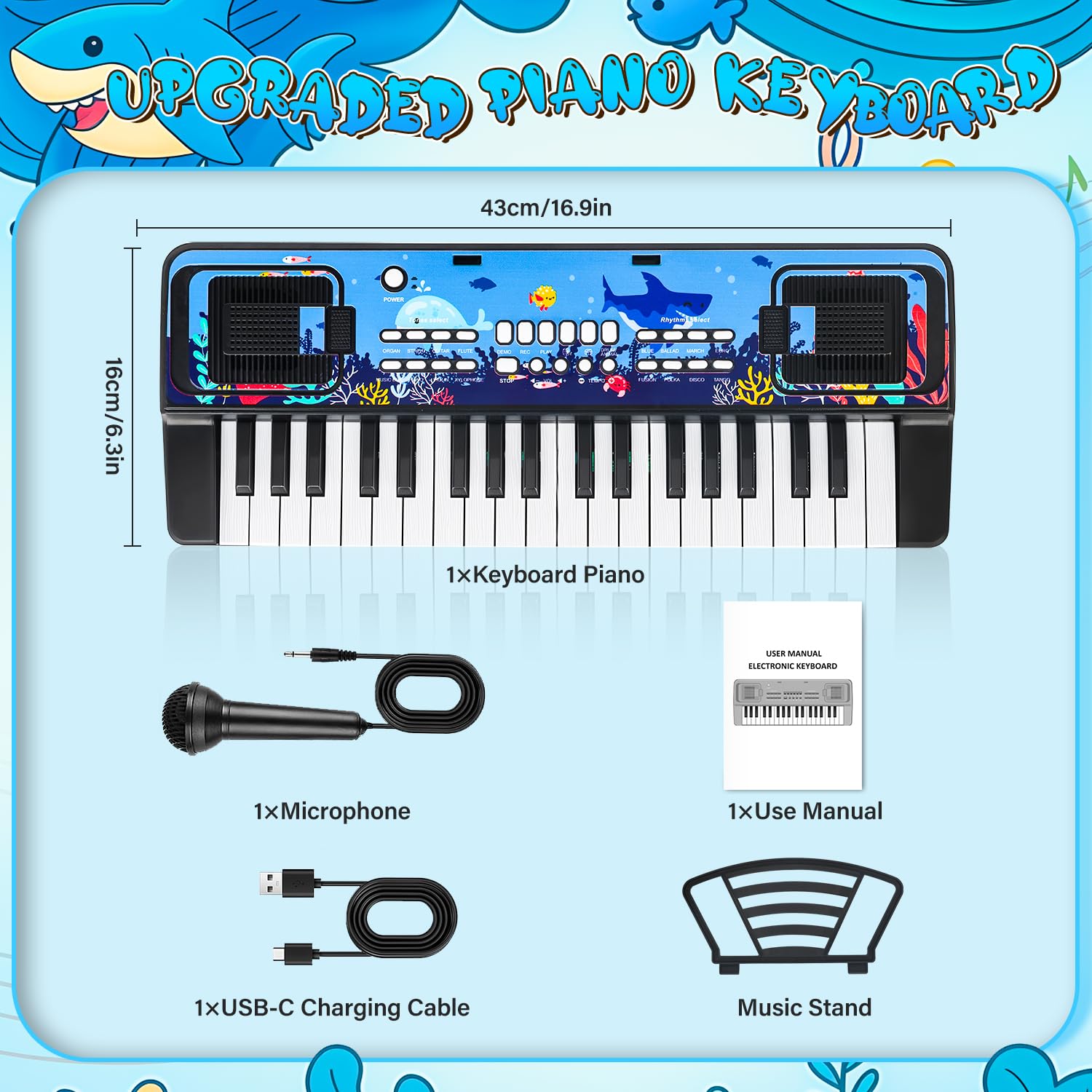 37-Key Kids Piano Keyboard with Microphone and Music Stand