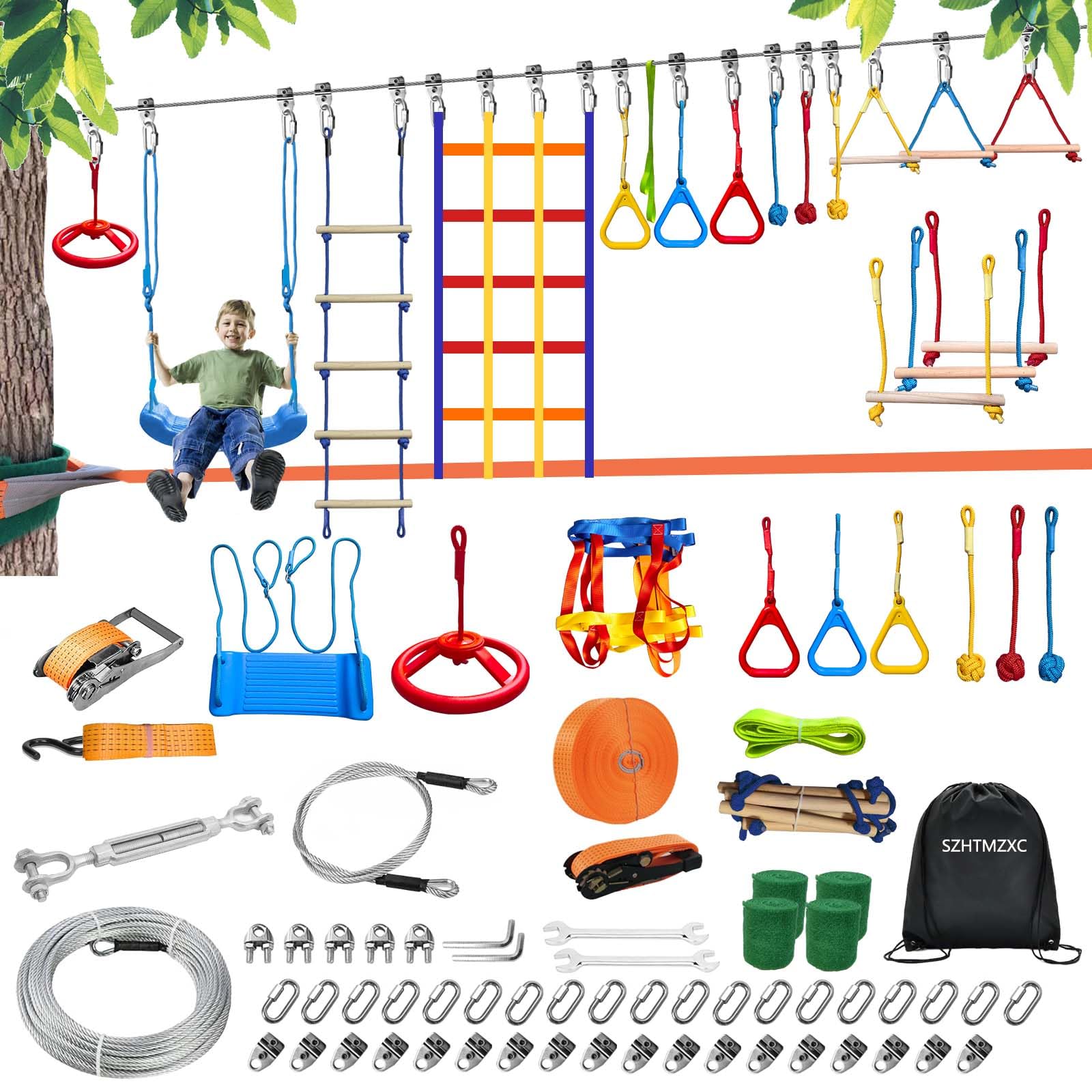 SZHTMZXC Kids Ninja Warrior Course with Steel Cable