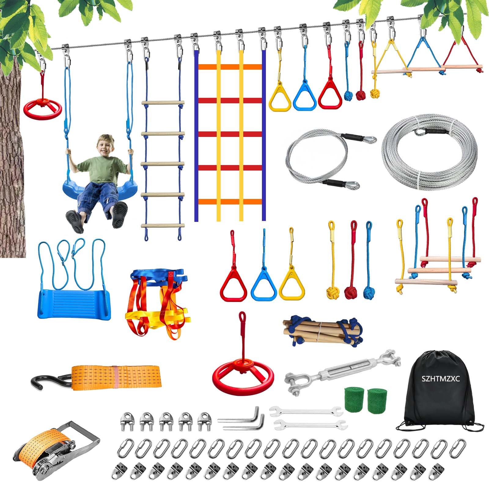 SZHTMZXC Kids Ninja Warrior Course with Steel Cable