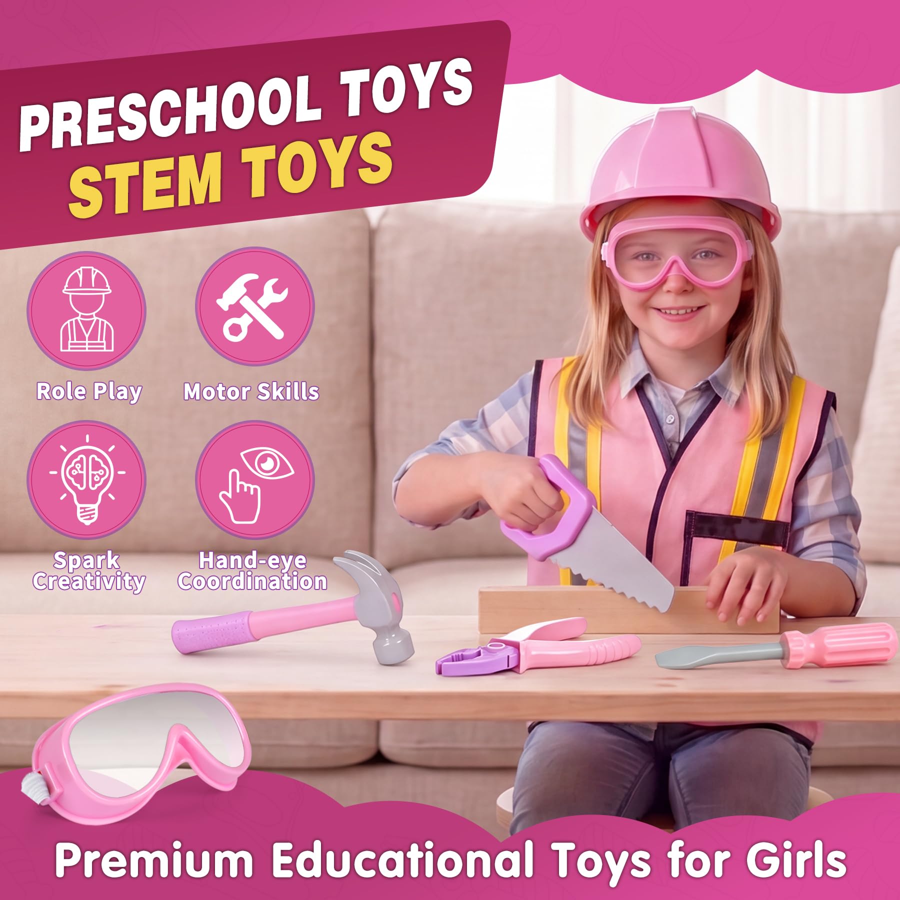 Pink Construction Worker Costume and Tool Set for Girls