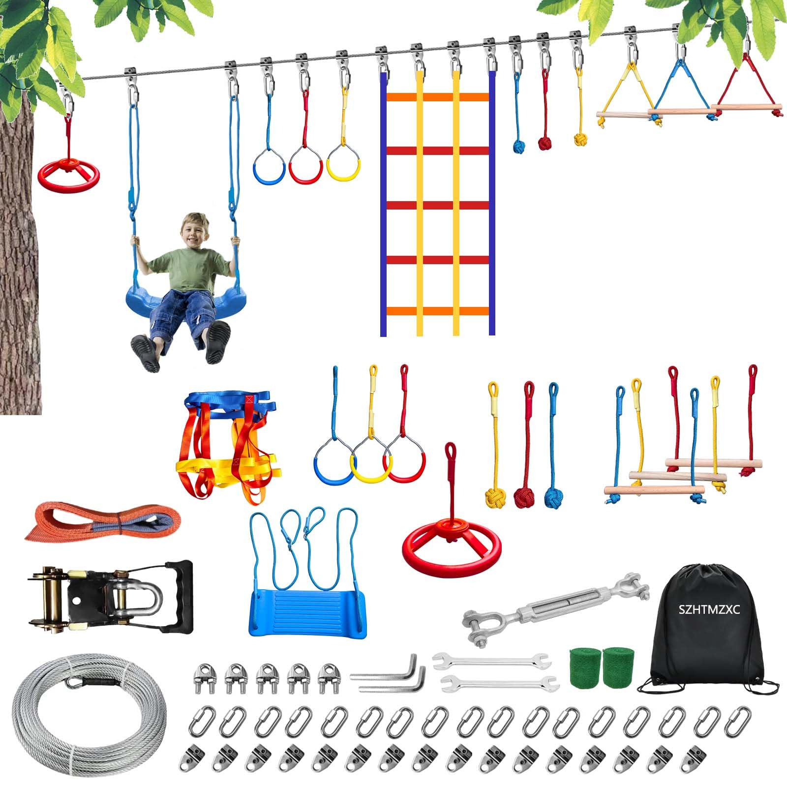 SZHTMZXC Kids Ninja Warrior Course with Steel Cable