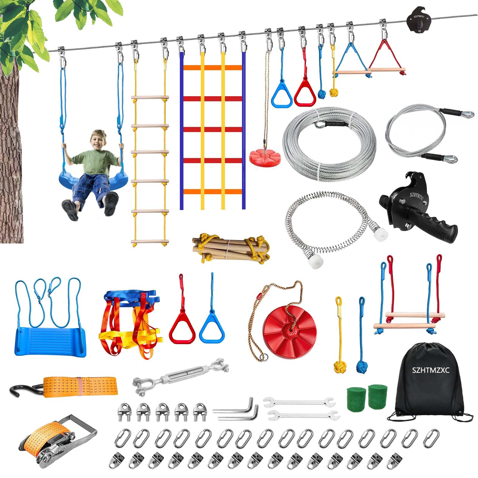 SZHTMZXC Kids Ninja Warrior Course with Steel Cable