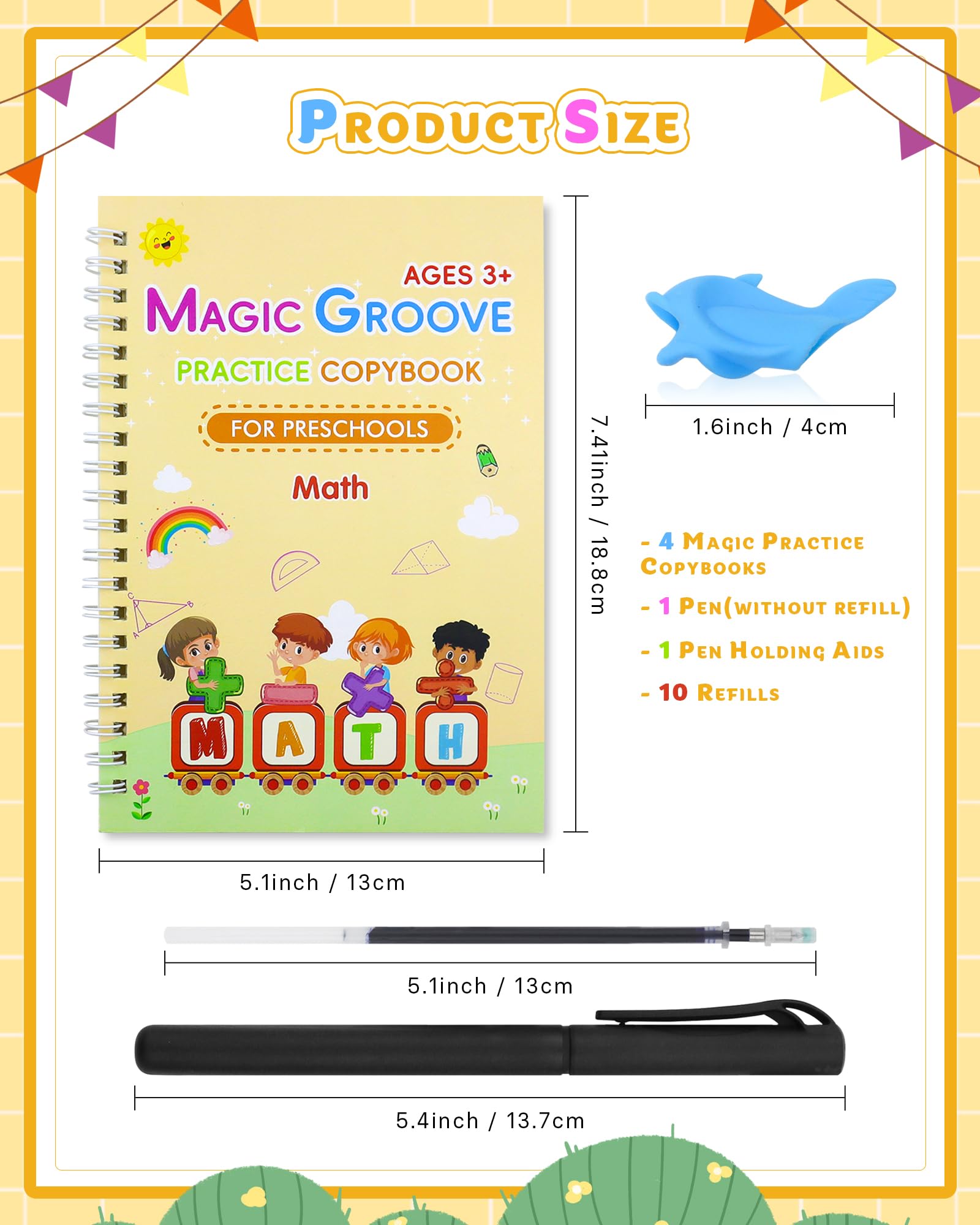 GAUENEEN Magic Practice Copybook, Reusable Writing Practice Book, Handwriting Aid for Preschool Kids Age 3-8 (4 Books with Pens)