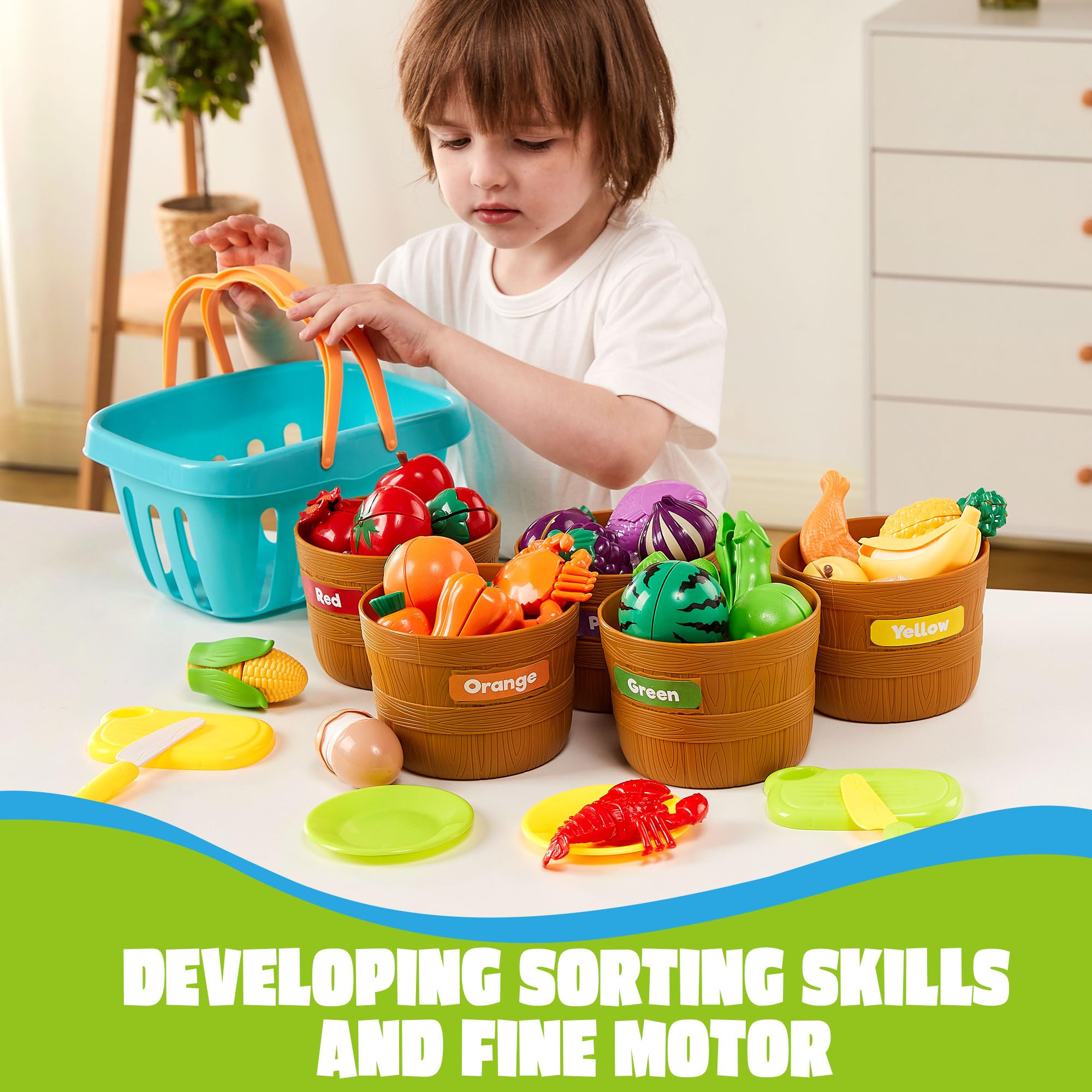 JOYIN Learning Toys Play Food Set for Toddlers, Cutting Food for Preschool Activities, Play Kitchen Accessories, Educational Toys, Color Sorting Set for Boys & Girls, Back to School Gifts for Toddlers