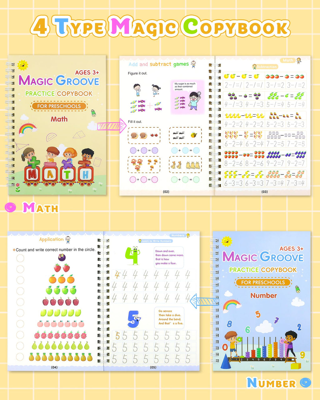 GAUENEEN Magic Practice Copybook, Reusable Writing Practice Book, Handwriting Aid for Preschool Kids Age 3-8 (4 Books with Pens)
