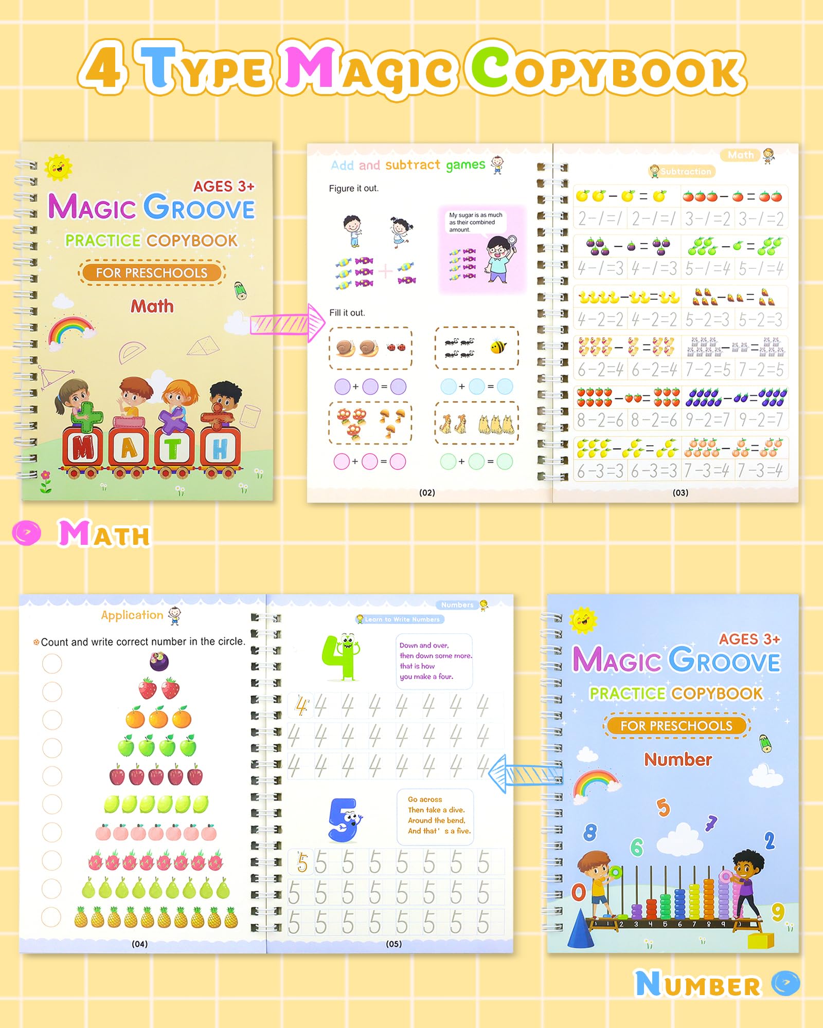 GAUENEEN Magic Practice Copybook, Reusable Writing Practice Book, Handwriting Aid for Preschool Kids Age 3-8 (4 Books with Pens)