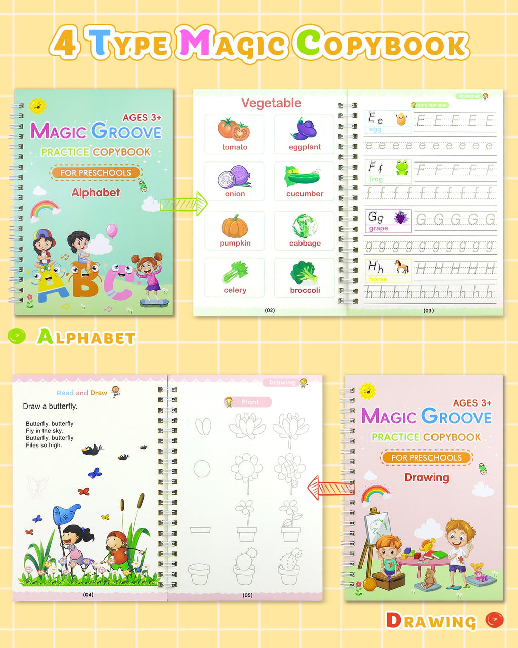 GAUENEEN Magic Practice Copybook, Reusable Writing Practice Book, Handwriting Aid for Preschool Kids Age 3-8 (4 Books with Pens)