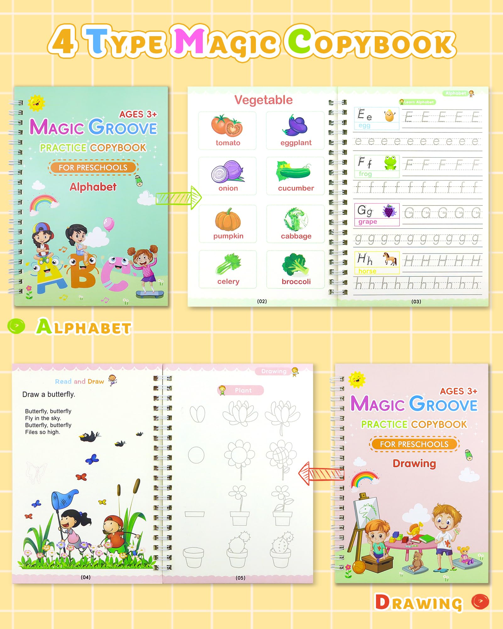 GAUENEEN Magic Practice Copybook, Reusable Writing Practice Book, Handwriting Aid for Preschool Kids Age 3-8 (4 Books with Pens)