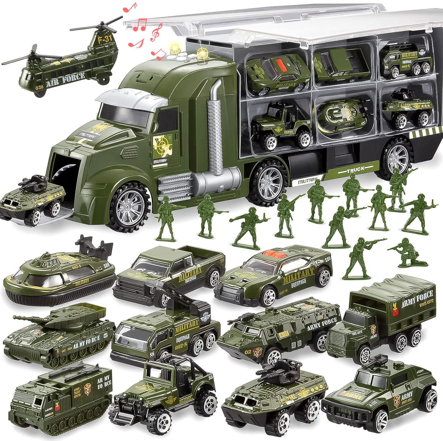 JOYIN 25 in 1 Die-cast Vehicle Toy Set with Sounds and Lights, Fire Engine Vehicles in Carrier Truck, Mini Rescue Emergency Fire Truck Car Toy, Birthday Gifts for Boys Over 3 Years Old