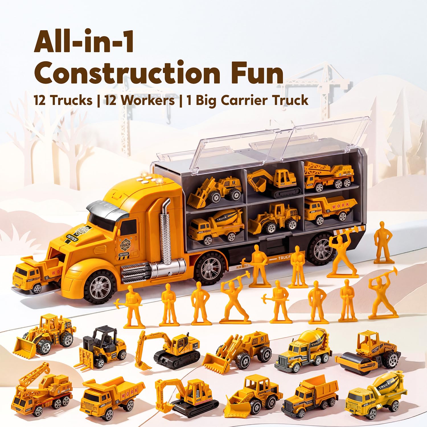 JOYIN 25 in 1 Die-cast Vehicle Toy Set with Sounds and Lights, Fire Engine Vehicles in Carrier Truck, Mini Rescue Emergency Fire Truck Car Toy, Birthday Gifts for Boys Over 3 Years Old