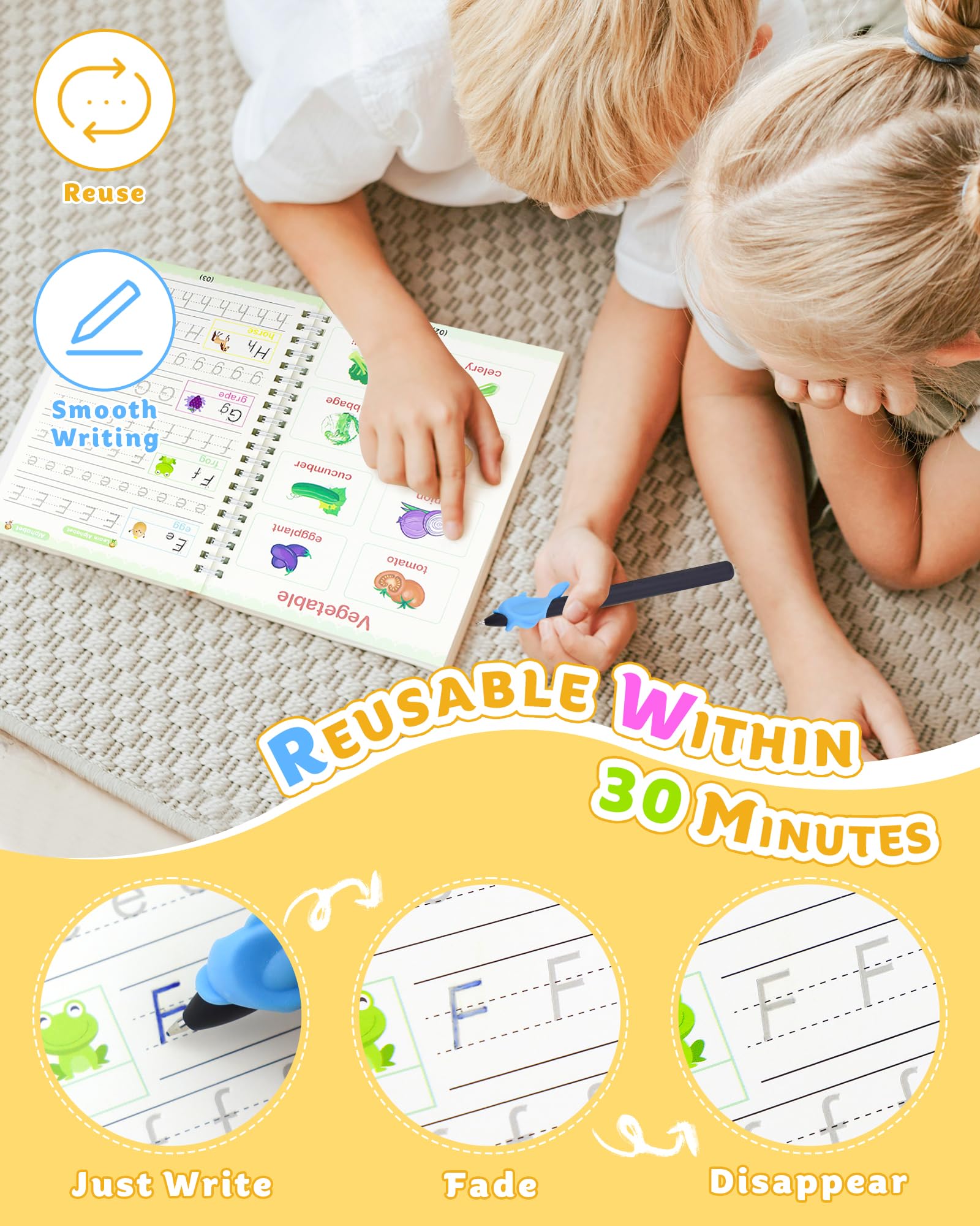 GAUENEEN Magic Practice Copybook, Reusable Writing Practice Book, Handwriting Aid for Preschool Kids Age 3-8 (4 Books with Pens)