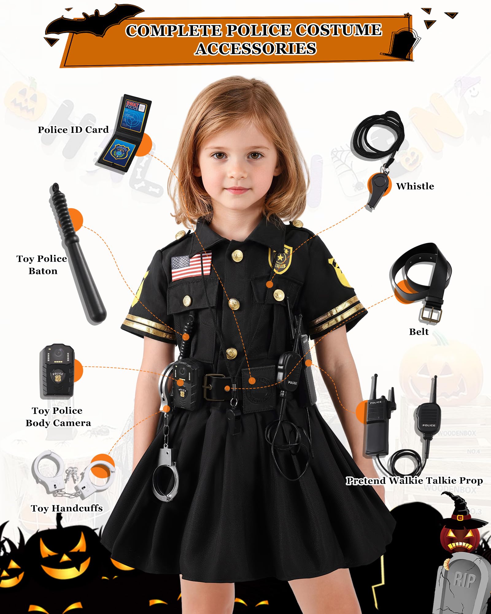 10-Piece Kids Police Officer Costume and Dress-Up Set