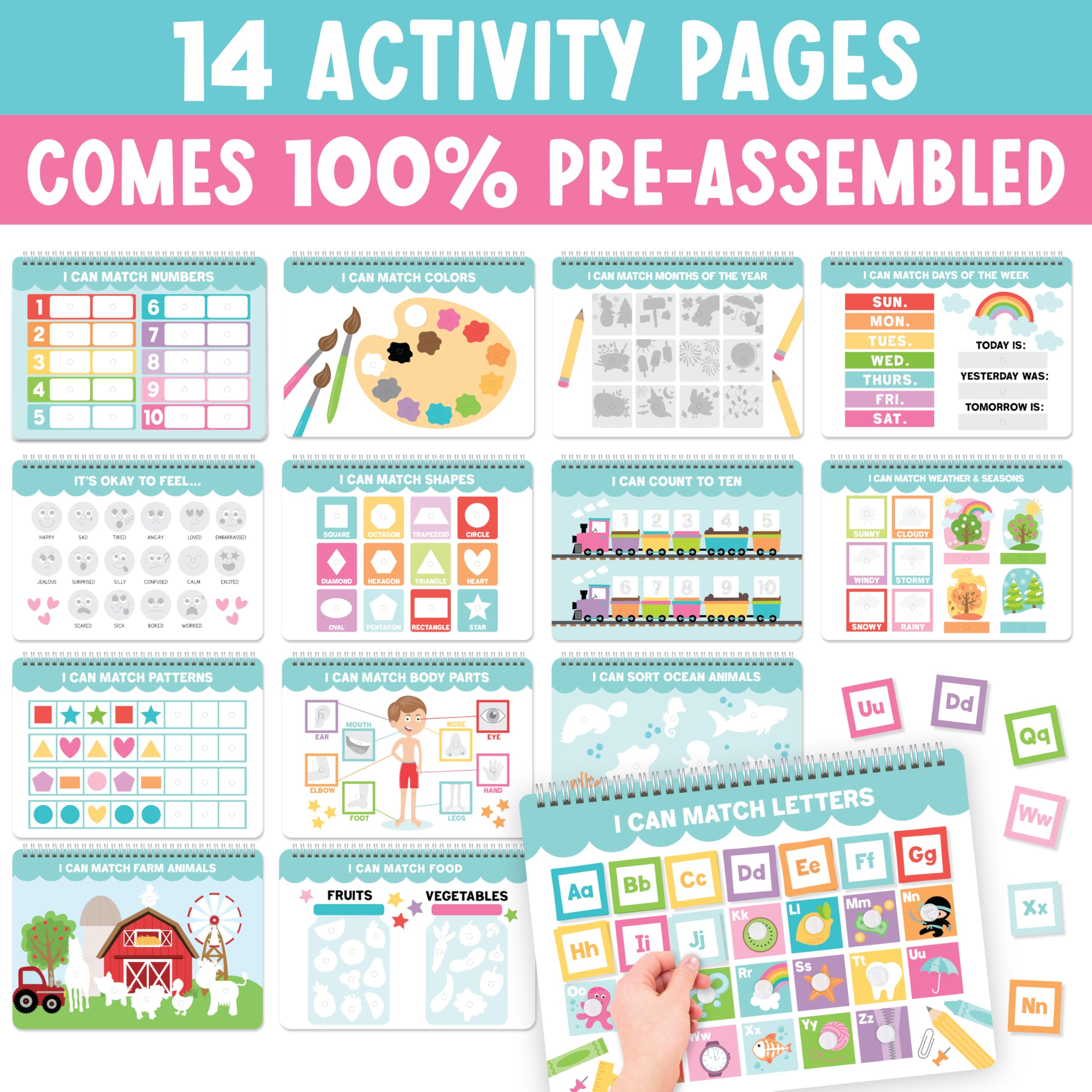 Hadley Designs My First Busy Book Toddlers 3-5, Montessori Preschool Learning Activities Age 4-5, 174 Pcs Velcro Busy Book, Travel Toys Airplane Car Quiet Time, Sensory Toys, Toddler Birthday Gift