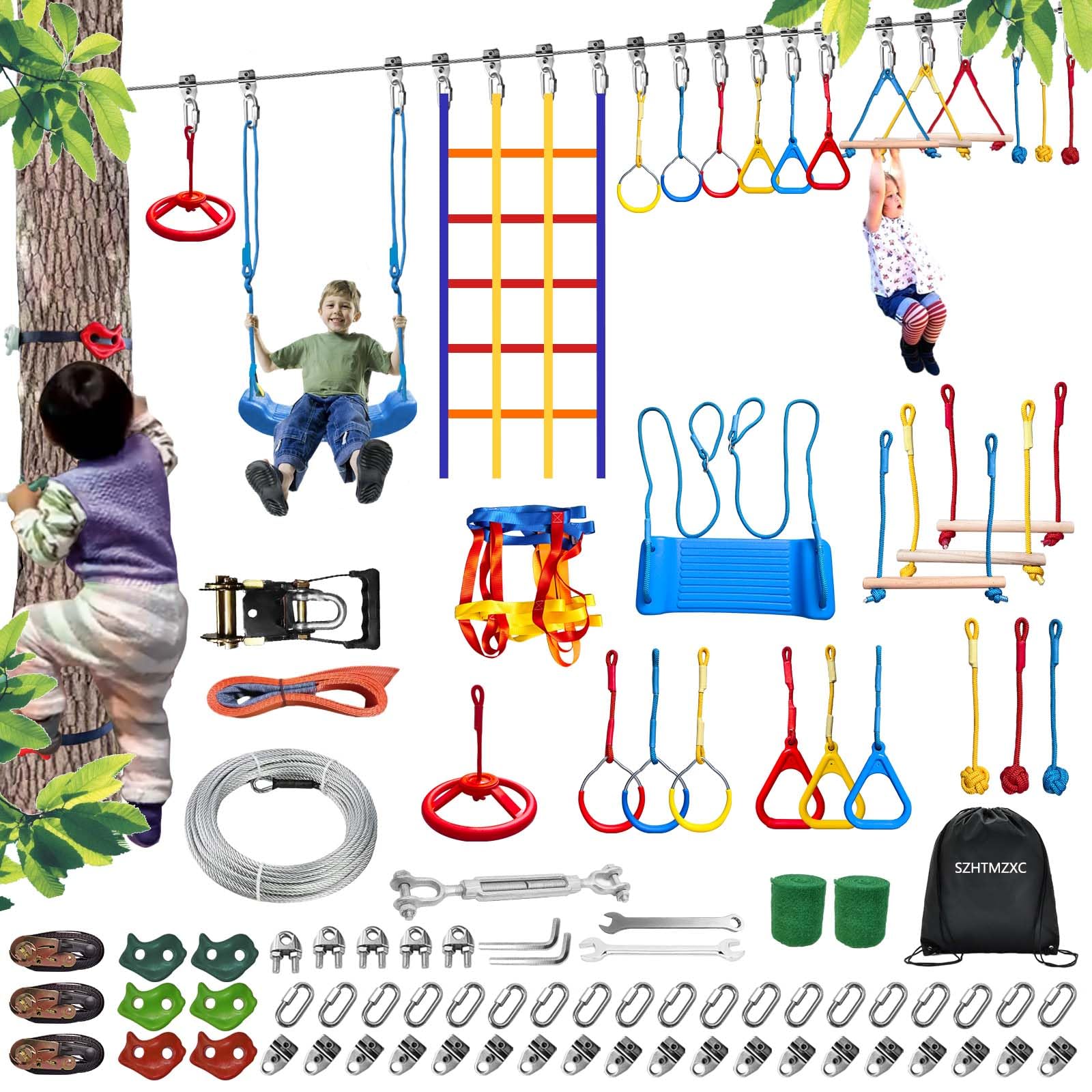 SZHTMZXC Kids Ninja Warrior Course with Steel Cable