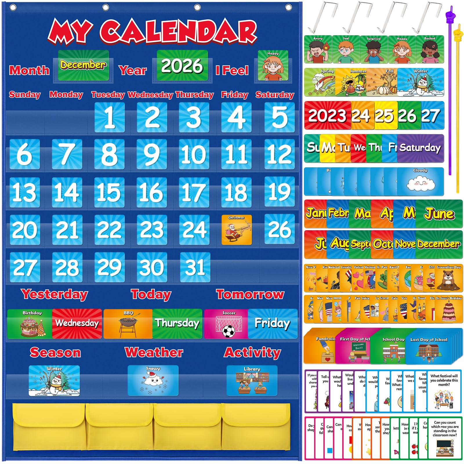 Classroom Calendar Pocket Chart, School Calendar for Kids Learning for Home Homeschool Teacher Supplies for Classroom Elementary Back to School Supplies…