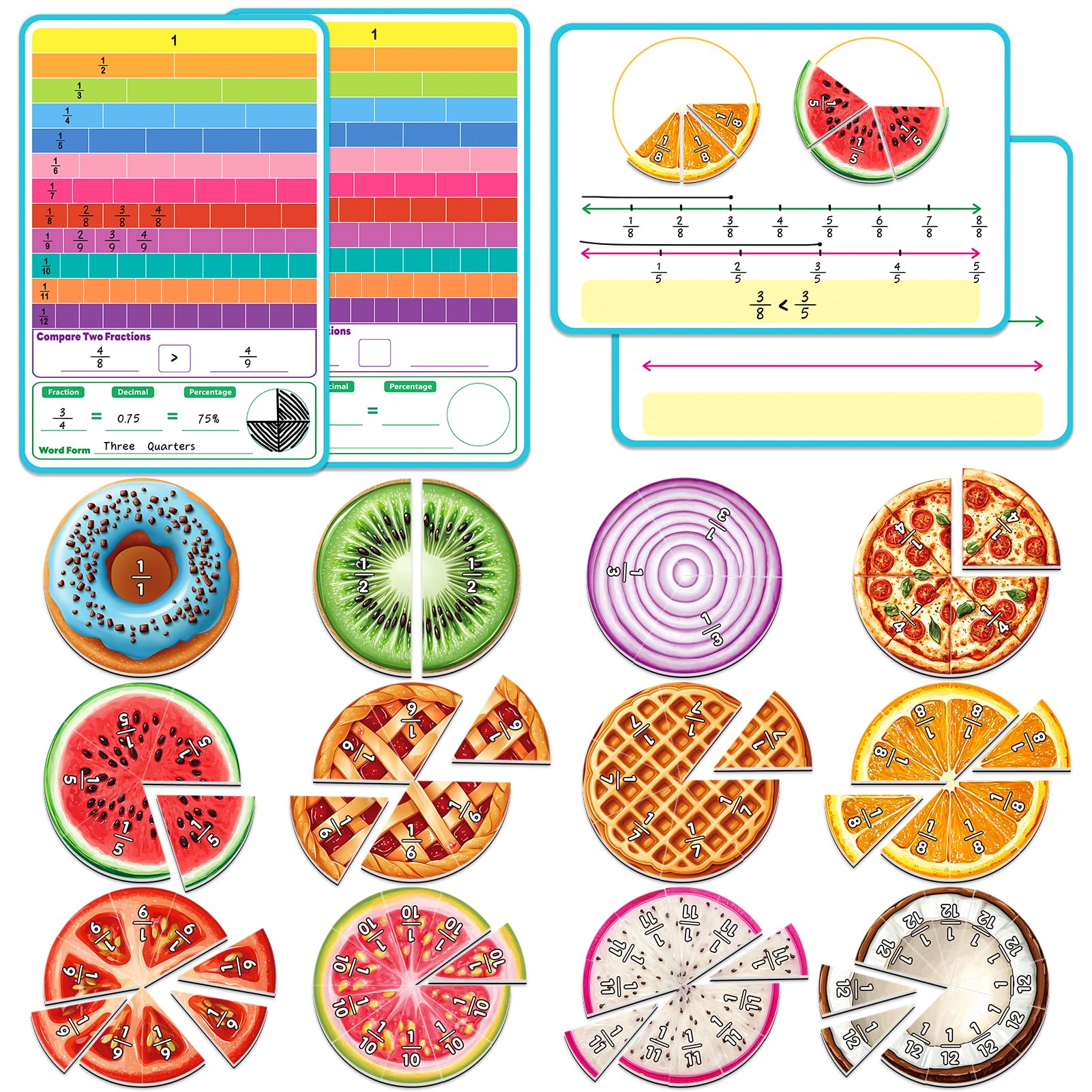 Laffunz Magnetic Fraction Tiles & Circles, Bars,Math Manipulatives, Fraction Manipulatives for 2nd, 3rd, 4th, 5th Grade Classroom Must Haves Teachers Whiteboard Teaching School Homeschool Supplies