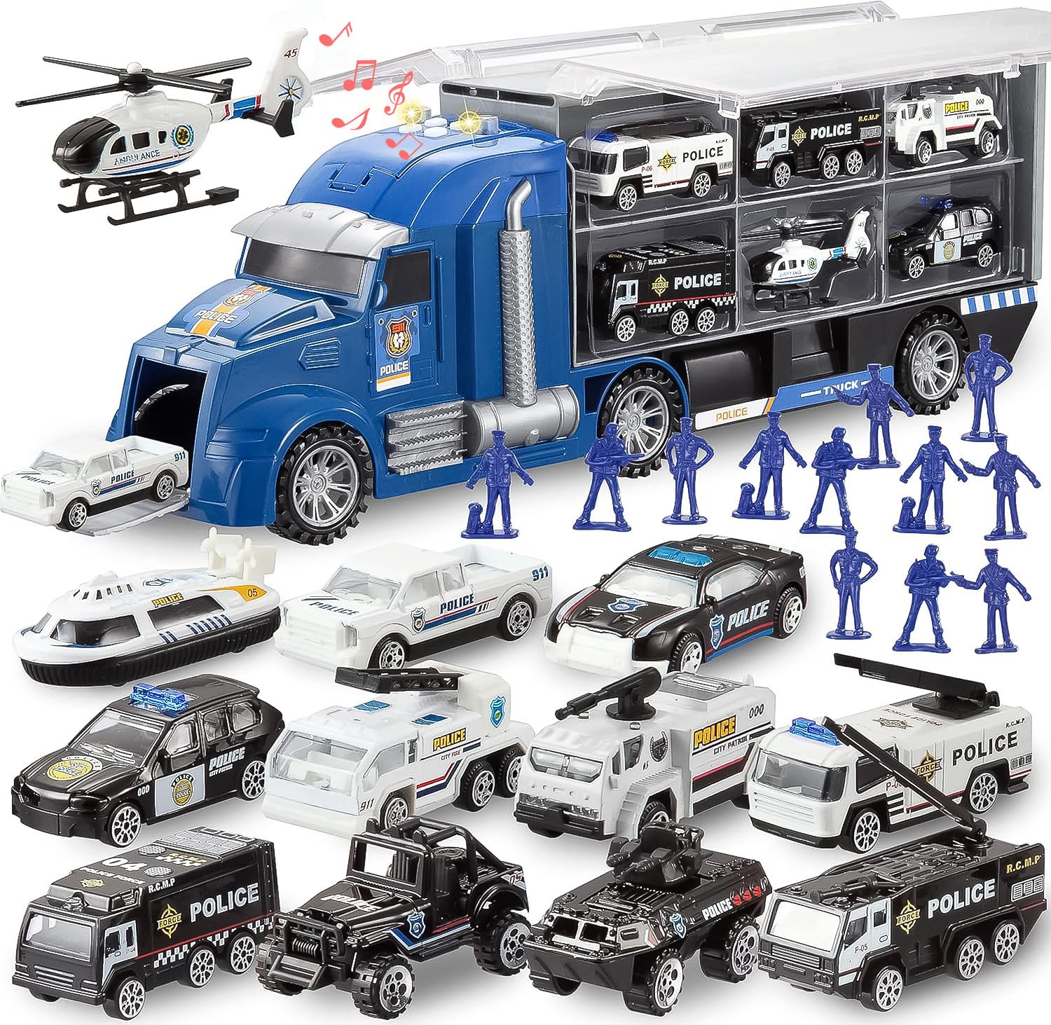 JOYIN 25 in 1 Die-cast Vehicle Toy Set with Sounds and Lights, Fire Engine Vehicles in Carrier Truck, Mini Rescue Emergency Fire Truck Car Toy, Birthday Gifts for Boys Over 3 Years Old