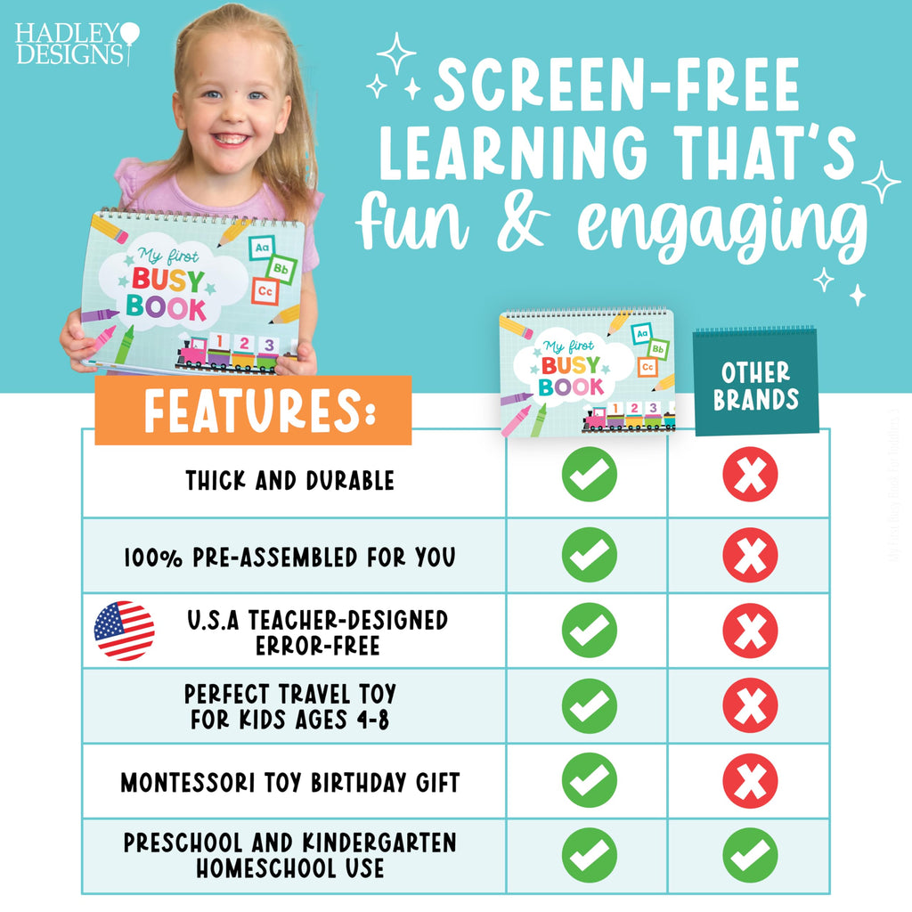 Hadley Designs My First Busy Book Toddlers 3-5, Montessori Preschool Learning Activities Age 4-5, 174 Pcs Velcro Busy Book, Travel Toys Airplane Car Quiet Time, Sensory Toys, Toddler Birthday Gift