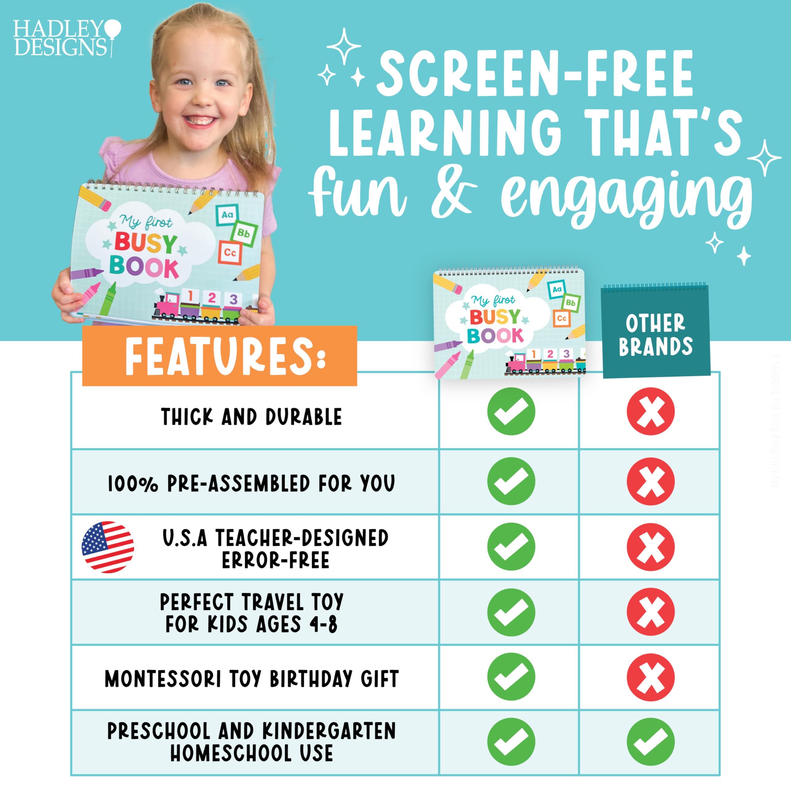 Hadley Designs My First Busy Book Toddlers 3-5, Montessori Preschool Learning Activities Age 4-5, 174 Pcs Velcro Busy Book, Travel Toys Airplane Car Quiet Time, Sensory Toys, Toddler Birthday Gift