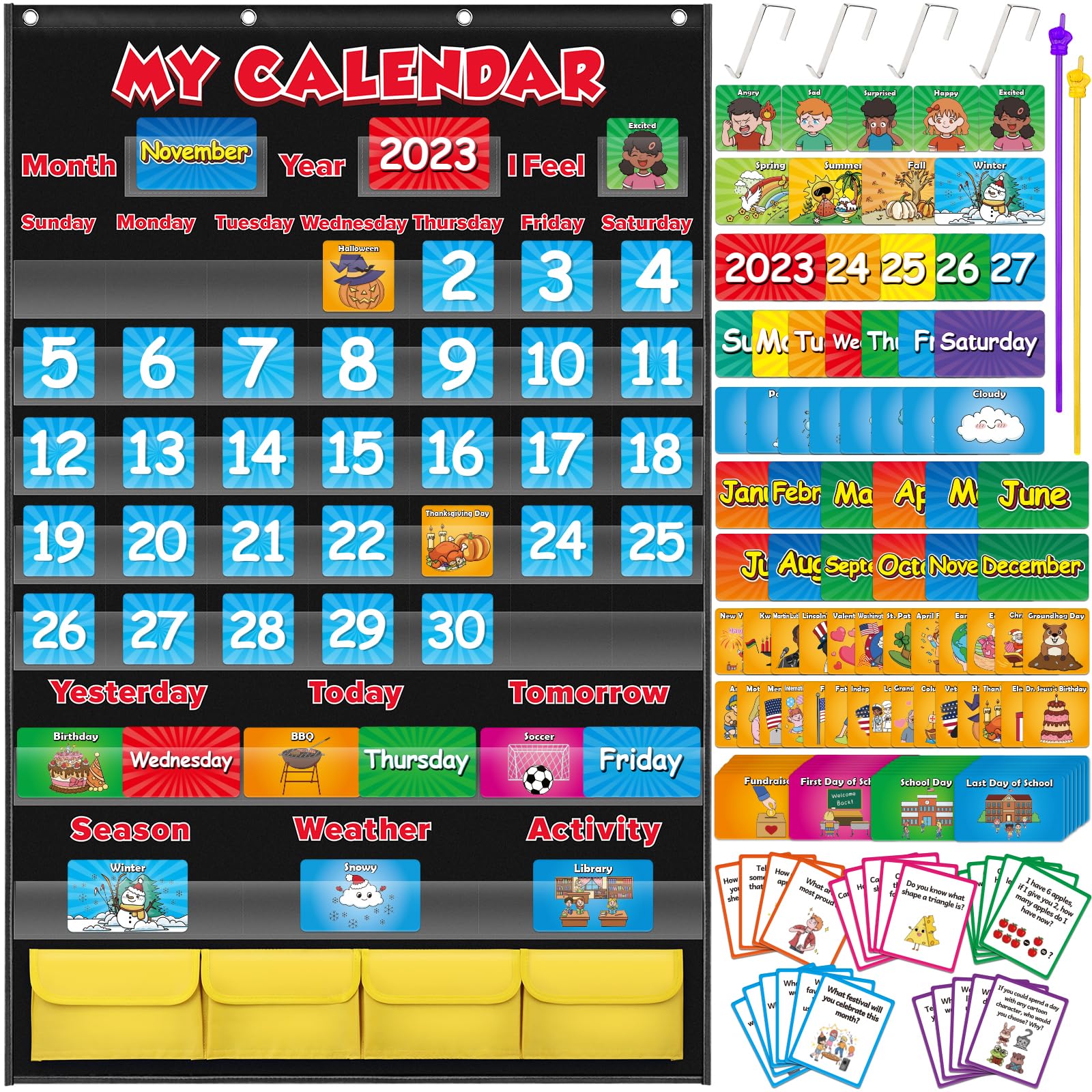Classroom Calendar Pocket Chart, School Calendar for Kids Learning for Home Homeschool Teacher Supplies for Classroom Elementary Back to School Supplies…
