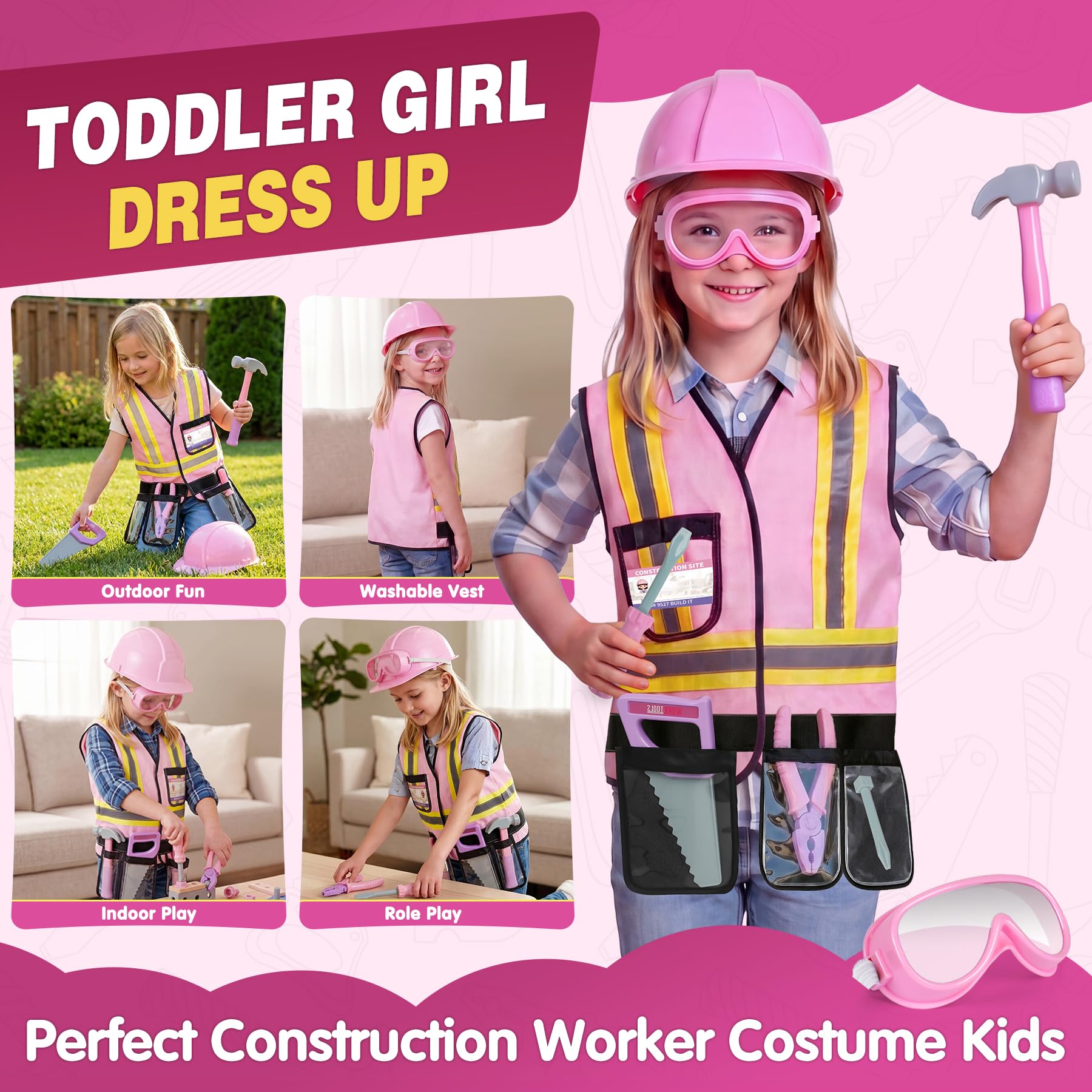 Pink Construction Worker Costume and Tool Set for Girls