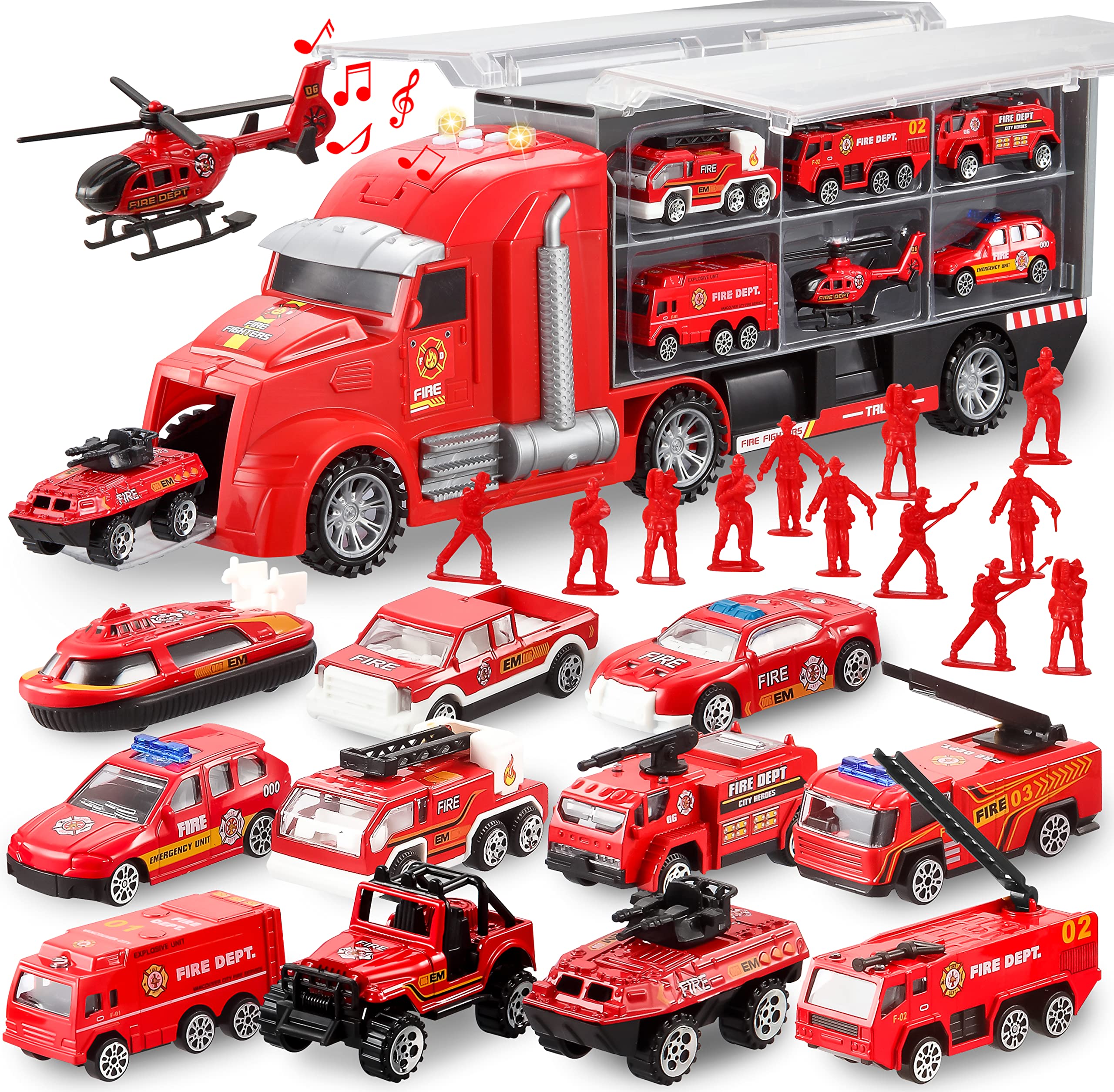 JOYIN 25 in 1 Die-cast Vehicle Toy Set with Sounds and Lights, Fire Engine Vehicles in Carrier Truck, Mini Rescue Emergency Fire Truck Car Toy, Birthday Gifts for Boys Over 3 Years Old