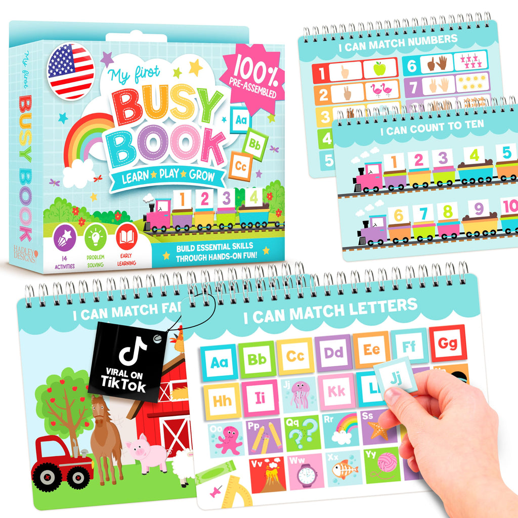 Hadley Designs My First Busy Book Toddlers 3-5, Montessori Preschool Learning Activities Age 4-5, 174 Pcs Velcro Busy Book, Travel Toys Airplane Car Quiet Time, Sensory Toys, Toddler Birthday Gift
