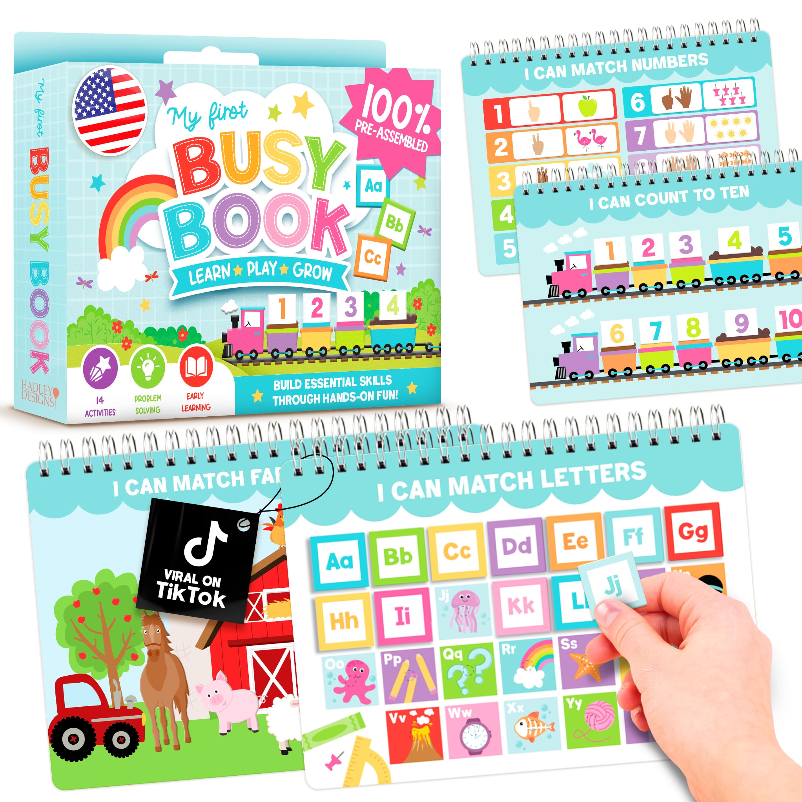 Hadley Designs My First Busy Book Toddlers 3-5, Montessori Preschool Learning Activities Age 4-5, 174 Pcs Velcro Busy Book, Travel Toys Airplane Car Quiet Time, Sensory Toys, Toddler Birthday Gift