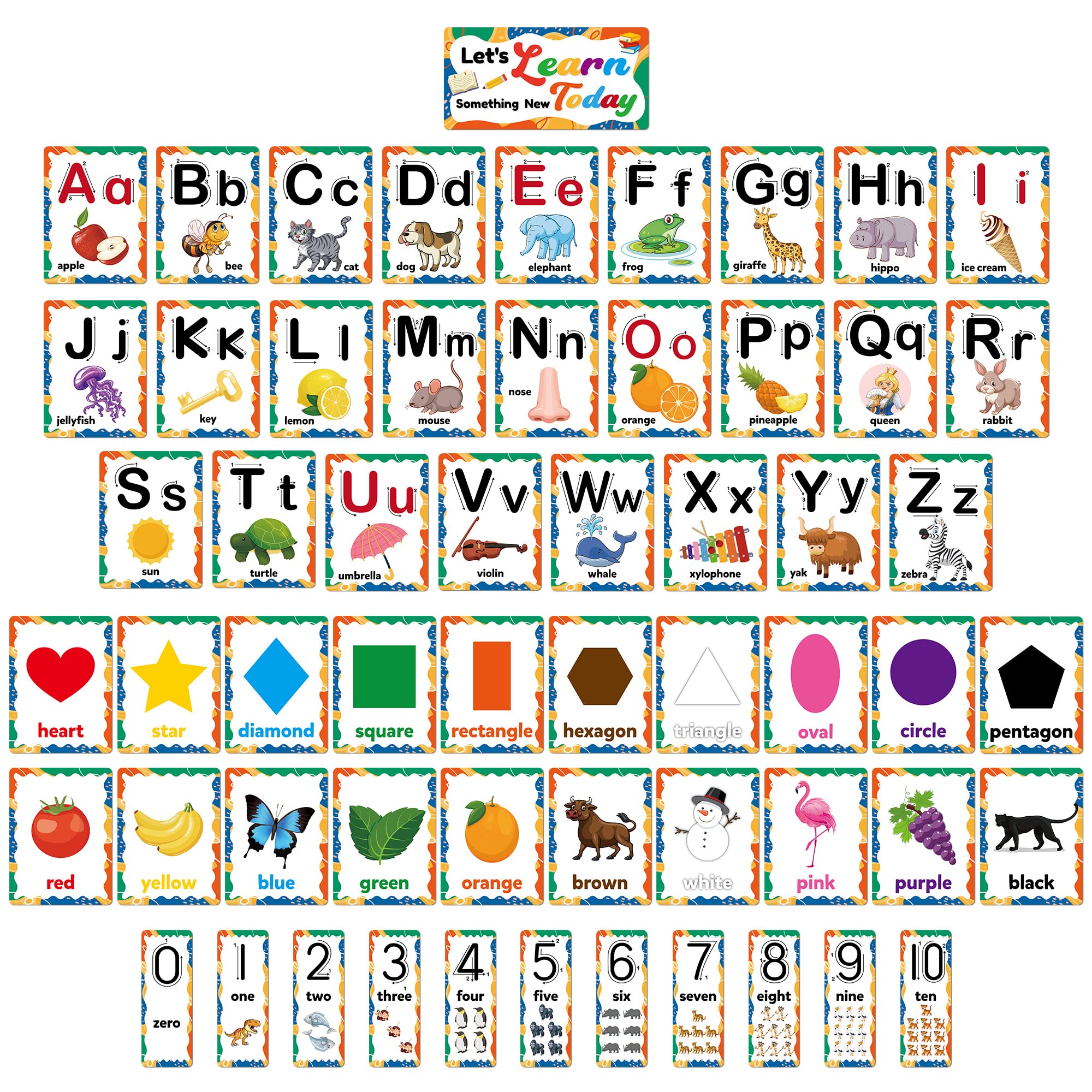 D-FantiX 58 Pieces Alphabet and Number Bulletin Board Set, Manuscript Educational Preschool Cards, Early Learning Alphabet Number Colors Shapes Posters for Kids Kindergarten Classroom Wall Decorations