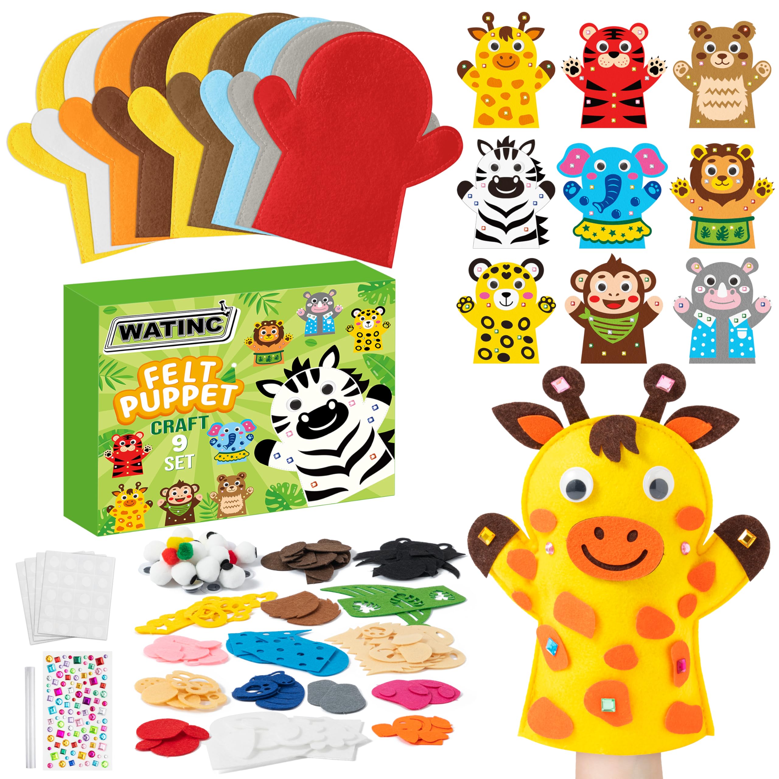 WATINC 9-Piece DIY Felt Hand Puppet Making Kit for Kids