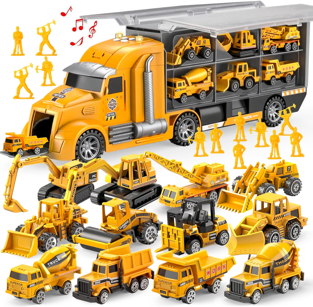 JOYIN 25 in 1 Die-cast Vehicle Toy Set with Sounds and Lights, Fire Engine Vehicles in Carrier Truck, Mini Rescue Emergency Fire Truck Car Toy, Birthday Gifts for Boys Over 3 Years Old