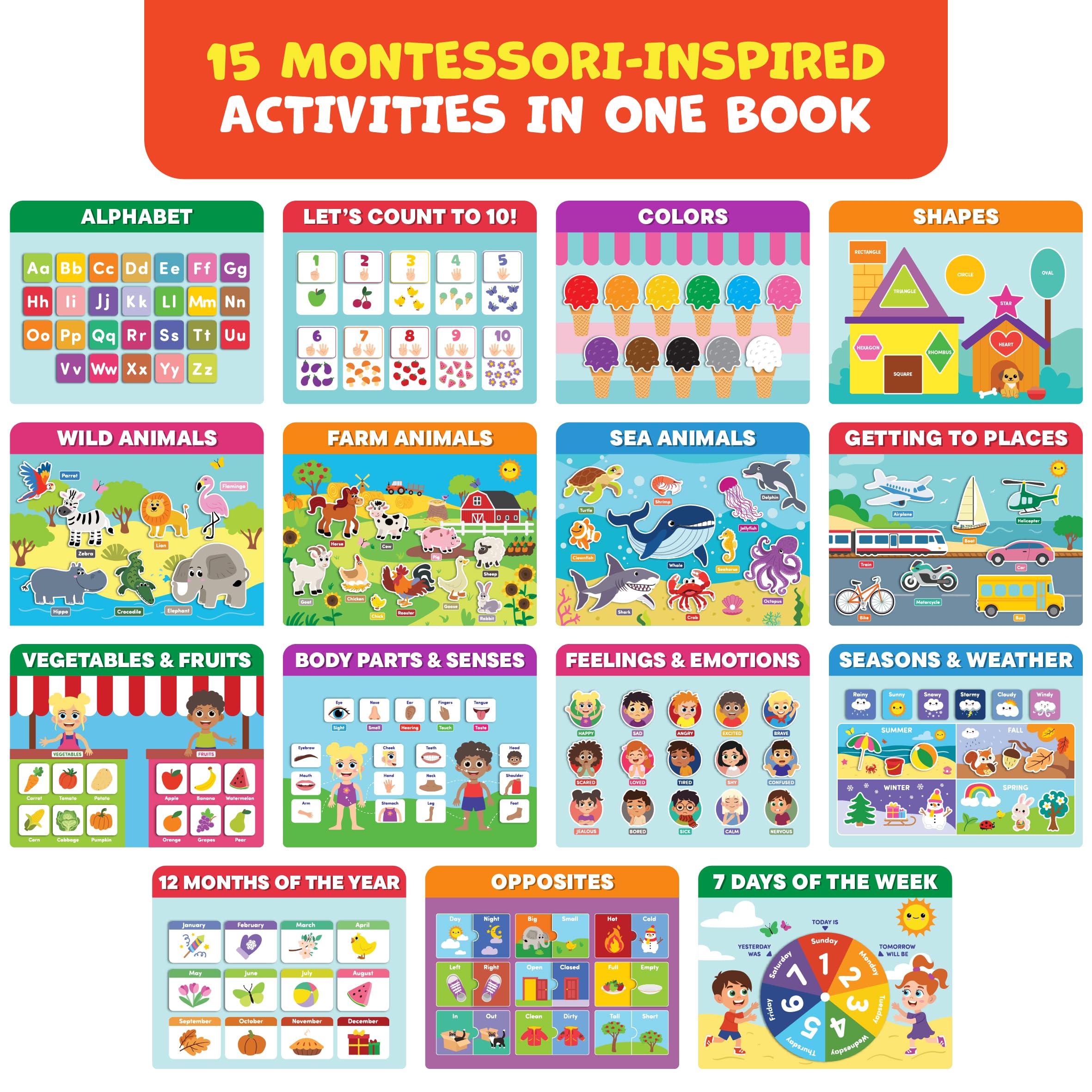 Preschool Activity Book for 3 4 5 Year-Old Kids – 100% Assembled & Ready-to-Use Busy Book for Toddlers 3-5 with 15 Montessori Activities – Educational Learning Toy for 3 Year-Old Girls & Boys